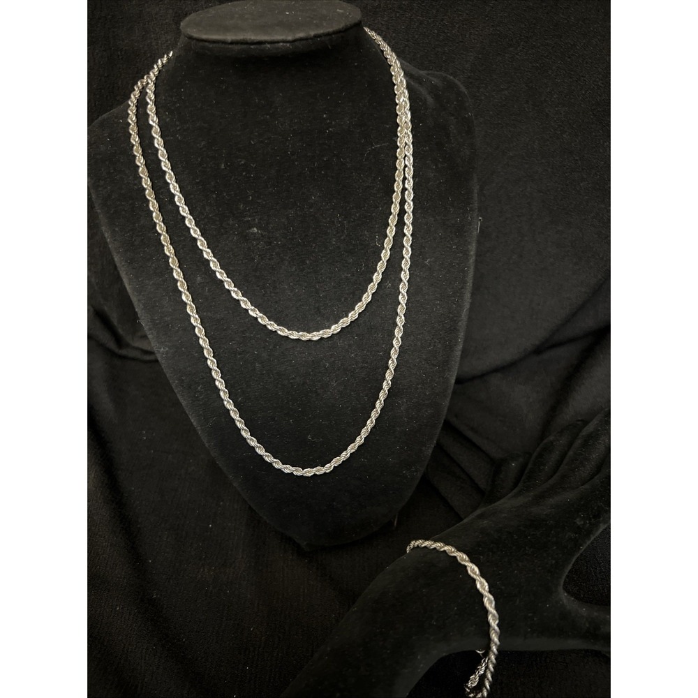 Vintage Monet Silver Tone Rope Chain Necklace 36" & Matching Bracelet Signed Set